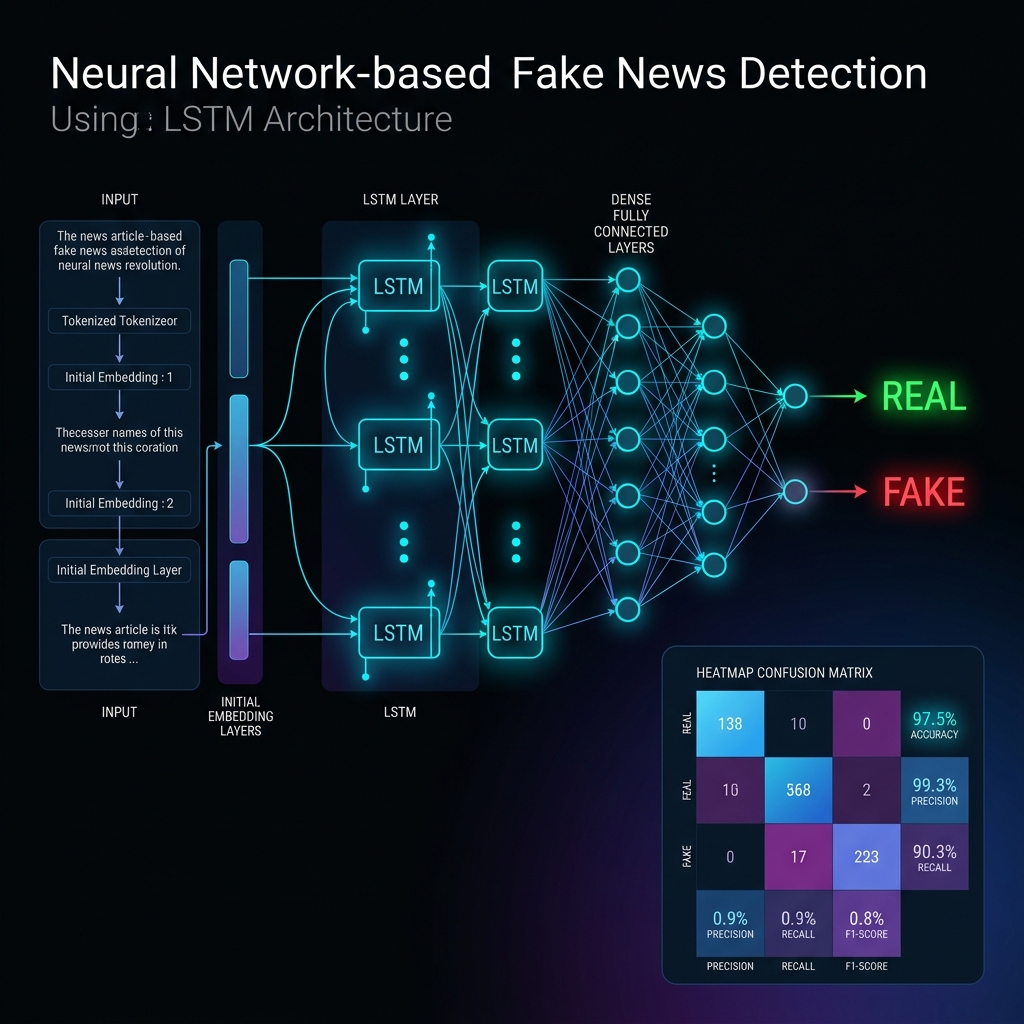 LSTM deep learning fake news classifier neural network architecture with 97.5% accuracy